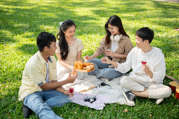 A group of a happy Asian friends is enjoying a picnic in a green park on a summer day together.