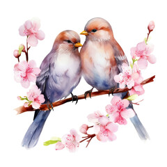 Watercolor couple birds with Cherry blossom Sakura floral Clipart on Transparent Background