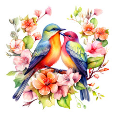 Watercolor couple birds with Cherry blossom Sakura floral Clipart on Transparent Background