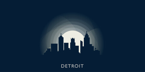 USA United States Detroit cityscape skyline city panorama vector flat modern banner illustration. US Michigan state emblem idea with landmarks and building silhouette at sunrise sunset night - obrazy, fototapety, plakaty