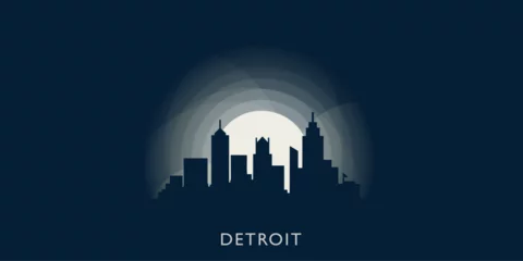 Fotobehang USA United States Detroit cityscape skyline city panorama vector flat modern banner illustration. US Michigan state emblem idea with landmarks and building silhouette at sunrise sunset night © Anastasiia