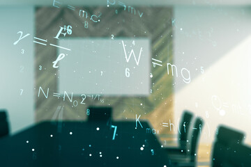 Scientific formula illustration on a modern coworking room background, science and research...