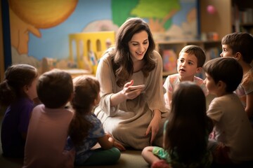 Fototapeta premium A teacher is telling a story to a group of kids / children in a classroom 