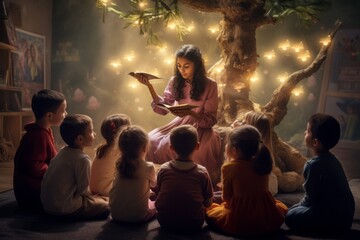 A teacher is telling a story to a group of kids / children  - obrazy, fototapety, plakaty