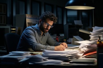 businessman working in office on overtime with a lot of document