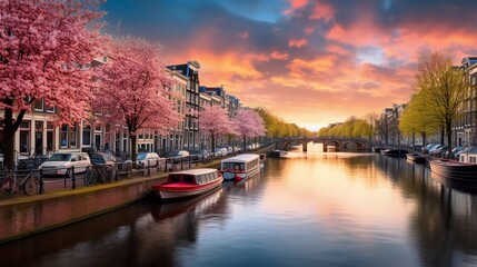 
photo reality Colorful spring sunset on Amsterdam canals. Original Dutch architecture in the capital, a very impressive view