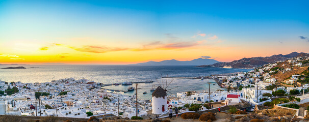 Mykonos island sunset panorama. Greece