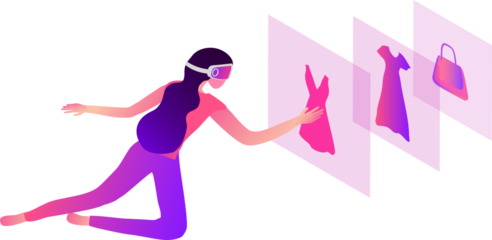 Metaverse Virtual Reality shopping. woman wearing VR goggle having 3d experience in shopping in the metaverse on png background