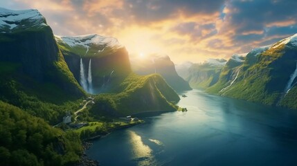 reality photo Beautiful summer sunset in the fjord canyon Sunnylvsfjorden, location of the village of Geiranger, western Norway, a very stunning view - obrazy, fototapety, plakaty