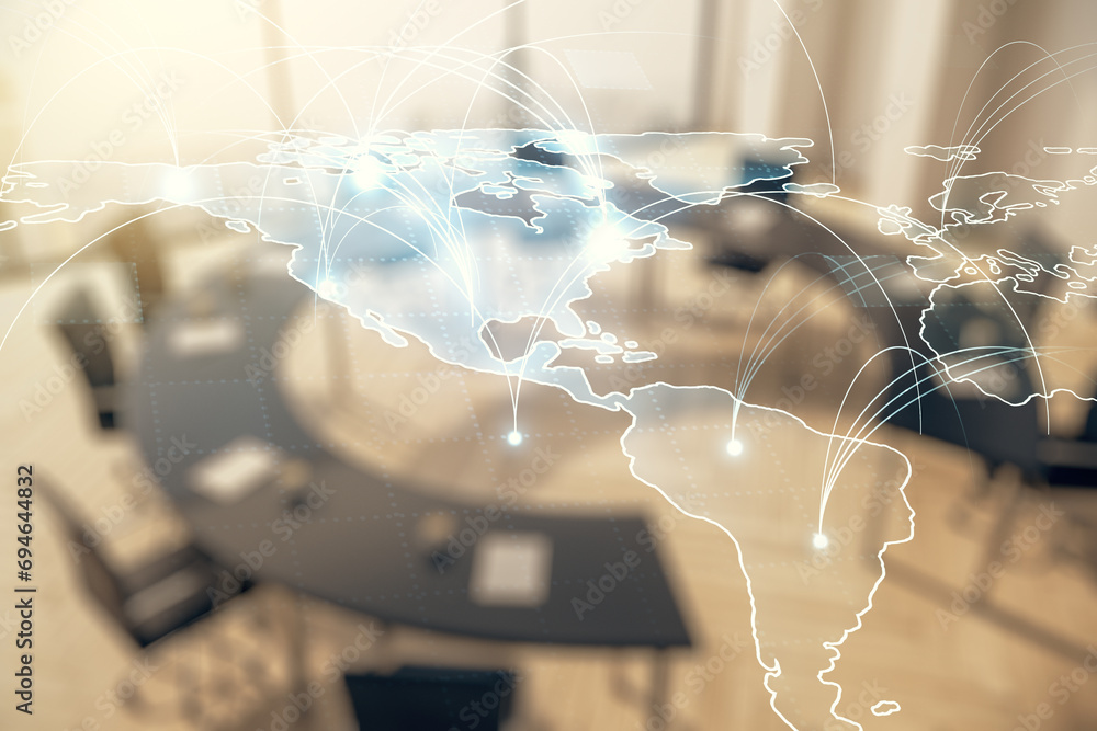 Poster double exposure of abstract digital world map hologram with connections on a modern boardroom backgr