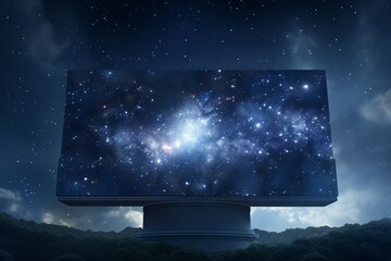 A cosmic navy blue billboard against a galactic silver background, providing a stellar platform for...