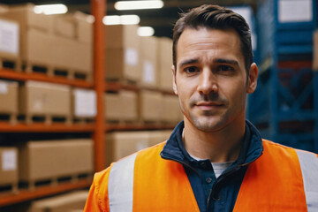 Portrait of confident warehouse worker looking at camera in warehouse. This is a freight transportation and distribution warehouse. Industrial and industrial workers concept