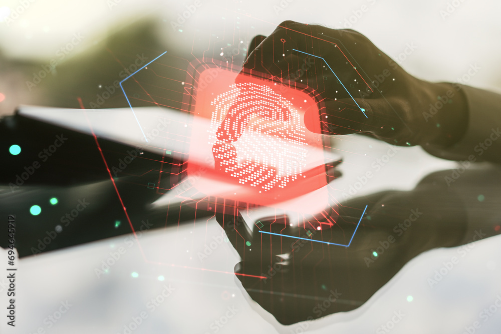 Poster double exposure of abstract creative fingerprint hologram with finger clicks on a digital tablet on 