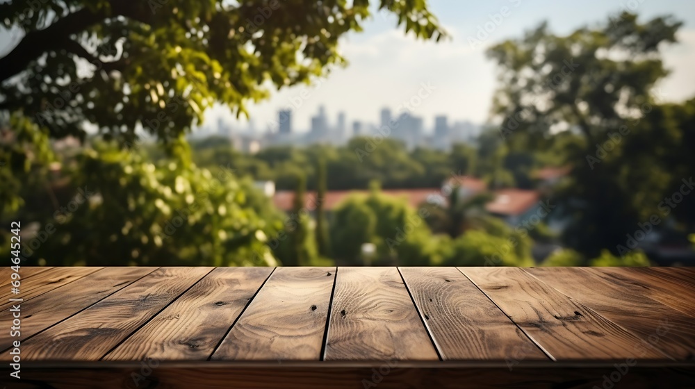 Aufkleber generative ai : empty wooden table in front of green nature and mountain background.