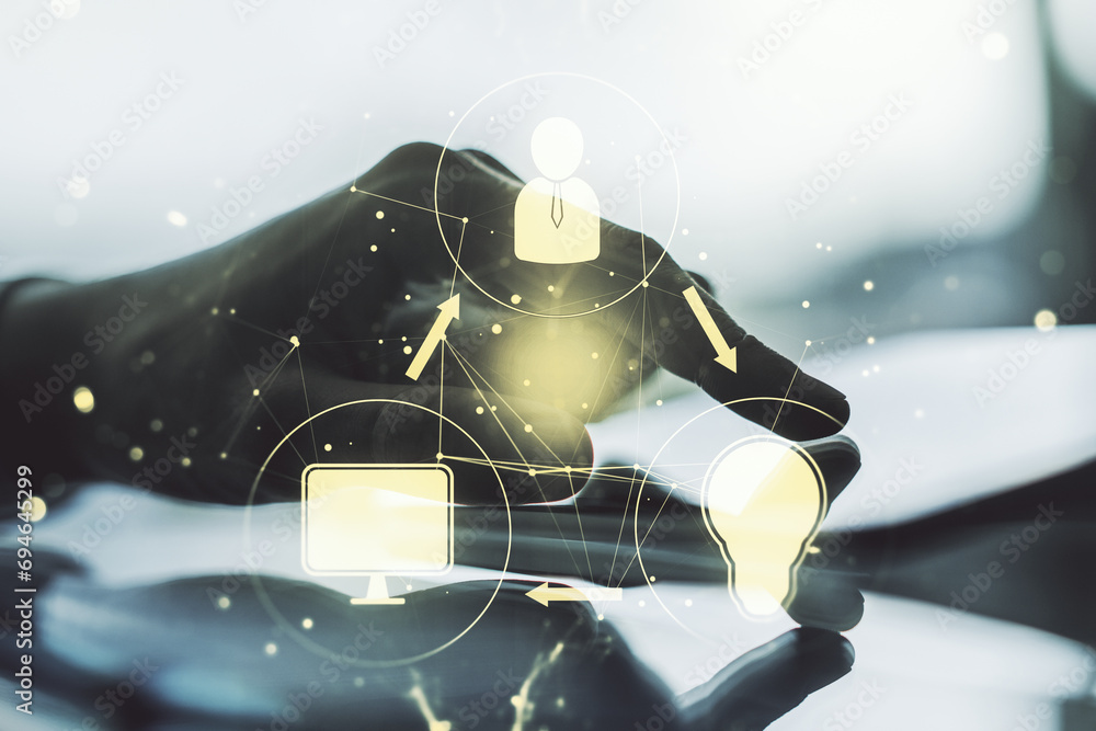 Aufkleber double exposure of social network icons concept and hand working with a digital tablet on background
