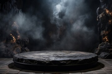 Generative AI : Empty black marble table podium with black stone floor in dark room with smoke. - obrazy, fototapety, plakaty