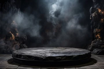  Generative AI : Empty black marble table podium with black stone floor in dark room with smoke. © The Little Hut