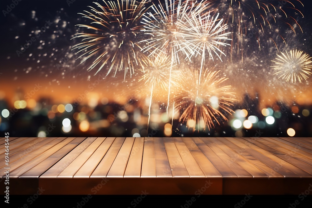 Poster Generative AI : Image of wooden table in front of blurred fireworks background