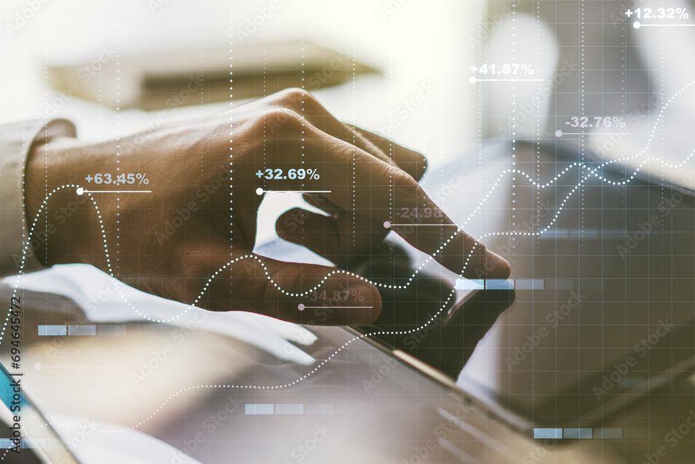 Poster Double exposure of abstract creative statistics data hologram with finger clicks on a digital tablet on background, analytics and forecasting concept