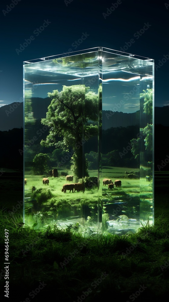 Poster Generative AI : Landscape with tree on a sunny day reflected in a glass sphere on green background