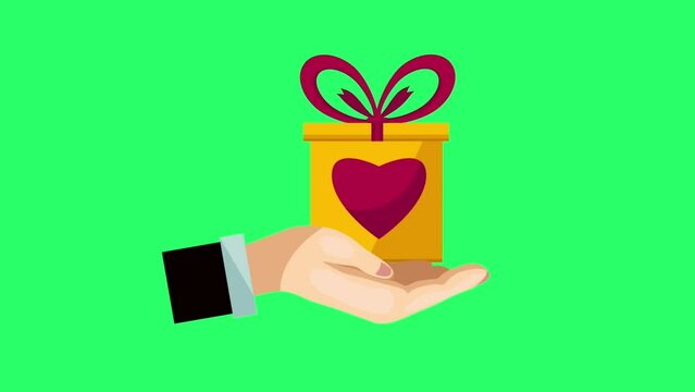 Animation hand with yellow gift box on green background.
