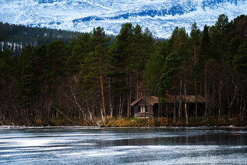Drewniany dom w lesie, nad zamarzniętym jeziorem w Norwegii - obrazy, fototapety, plakaty