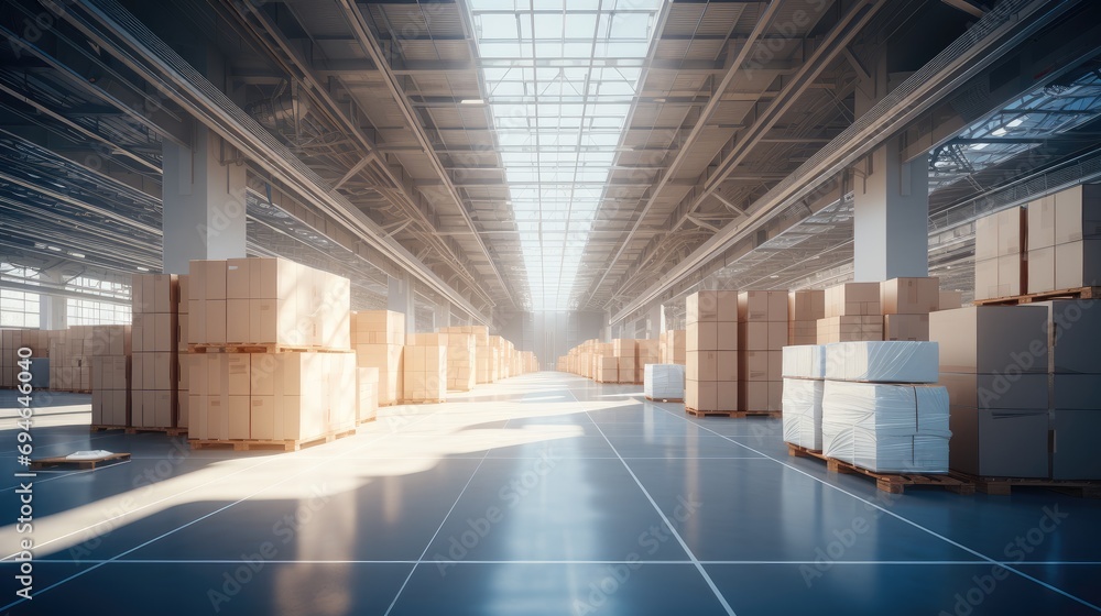 Poster A factory building for placing cardboard boxes. Generative AI.