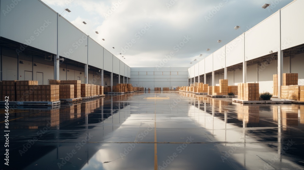 Poster A factory building for placing cardboard boxes. Generative AI.