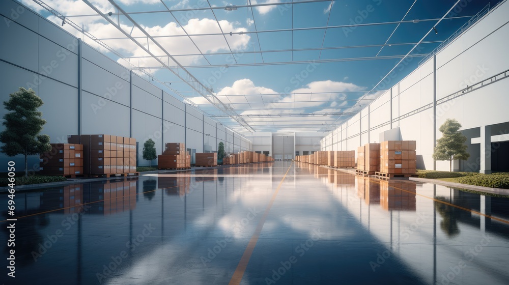 Poster A factory building for placing cardboard boxes. Generative AI.