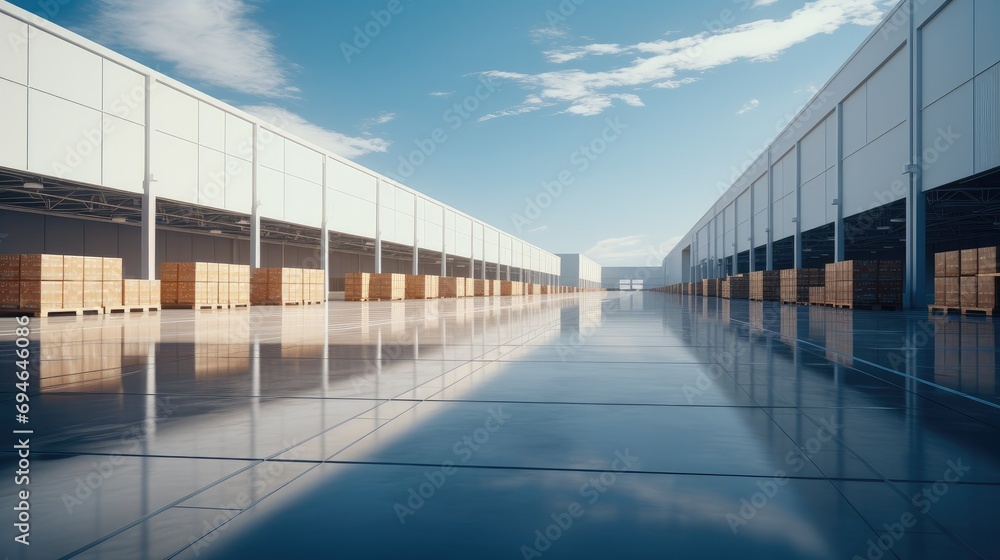 Poster A factory building for placing cardboard boxes. Generative AI.