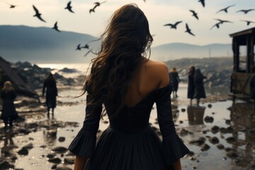 The back view of a dark-haired girl in black clothes looks at seagulls. Generative AI.