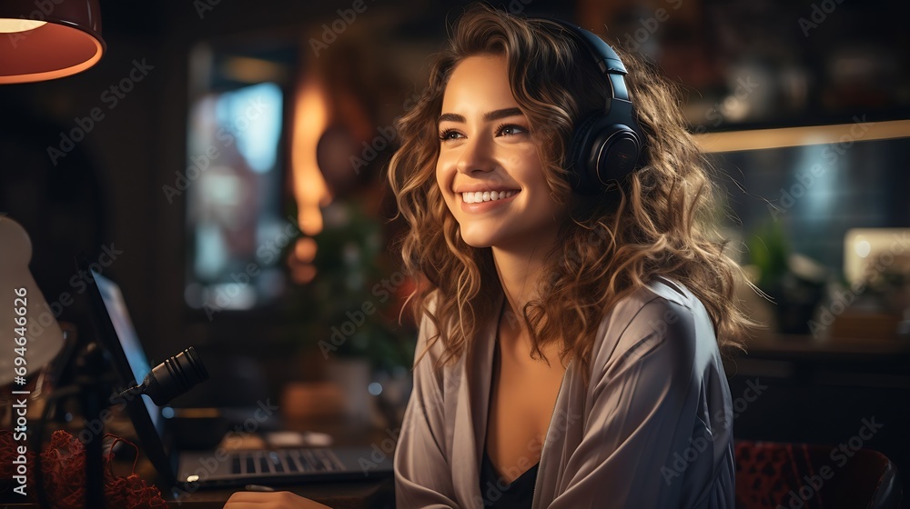 Poster generative ai : beautiful lady is recording talking videos into the microphone