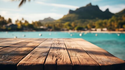 Generative AI : Beautiful wooden floor and blue background, sea water and sky.