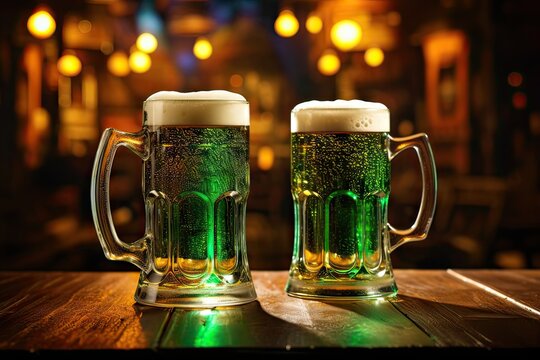 mugs of green beer in a Irish pub, celebrate St. Patrick's Day, vibrant and authentic image, cool and refreshing beer with foamy head, inviting pub background.