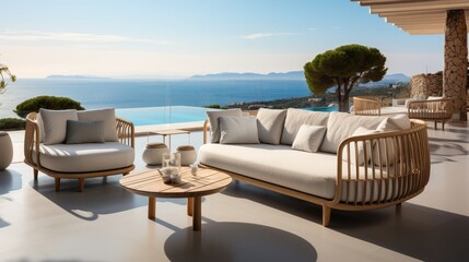 Outdoor furniture with outdoor sofa, Sea view. Generative AI. - obrazy, fototapety, plakaty