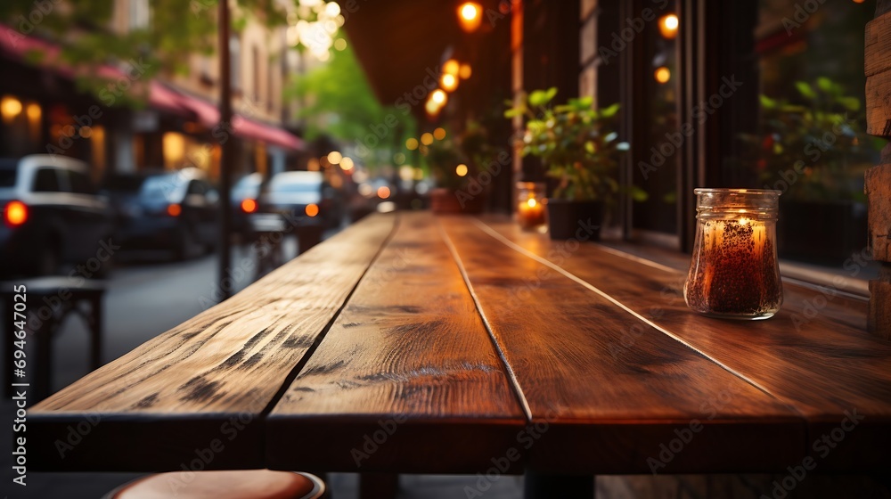 Poster Generative AI : Empty wooden table space platform and blurred resturant or coffee shop background