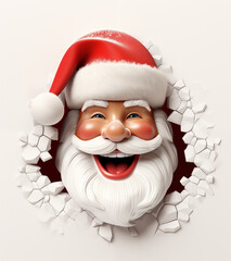 Winter santa peeking out from hole in a wall, style cartoon 3D.
