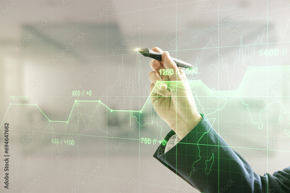Poster man hand with pen working with abstract virtual analytics data spreadsheet on blurred office backgro