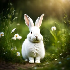 Obraz premium white rabbit on green grass