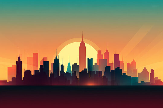 Minimalist cartoon illustration of a modern city skyline silhouette