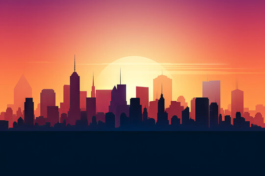 Cartoon illustration of a modern city skyline silhouette in rich colors