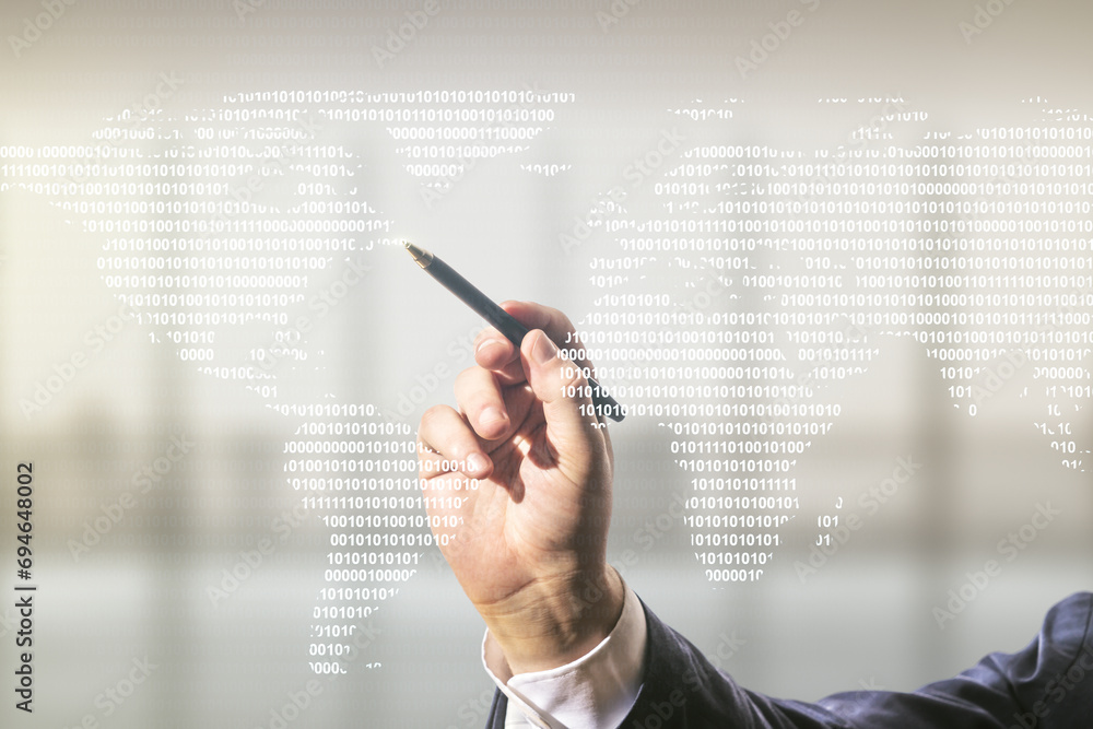 Poster multi exposure of man hand with pen working with abstract creative digital world map hologram on blu