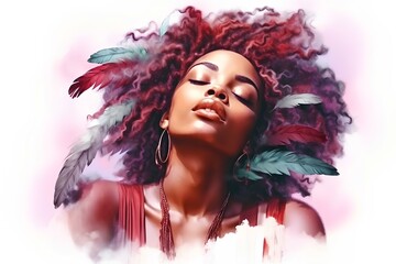 Fototapeta premium eternal dreamy woman with closed eyes, loose messy, peacock feathers, light and shadow on her face, watercolor style, white background. generative AI