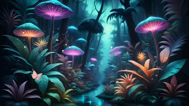 Magical fantasy forest world of wonders with luminous mushrooms and tropical plants.