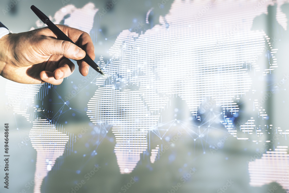 Poster man hand with pen working with abstract creative world map interface on blurred office background, i