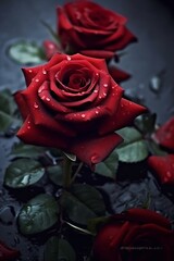 Generative AI : Closeup view of Red roses isolated on a black background
