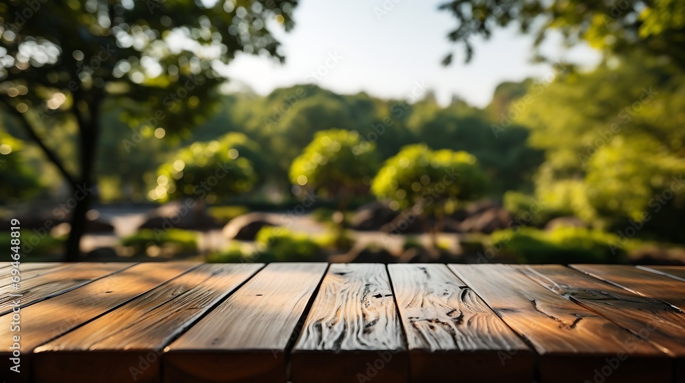 Poster Generative AI : Empty wooden table in front of green nature and mountain background.