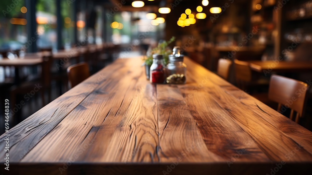 Poster generative ai : empty wooden table space platform and blurred resturant or coffee shop background