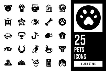 Set of Pets Glyph Icon Design Vector. paw, collar, horse, wheel, dog, mouse, goldfish, turtle, bone, parrot, clown, saddle, cat, snake, fish, horseshoe, hamster, hook, trap, birdcage, nest, house.