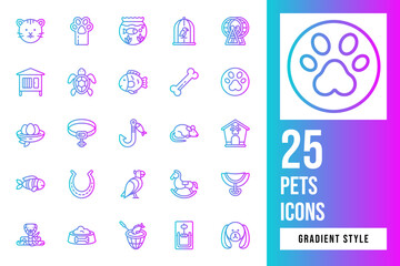 Set of Pets Gradient Icon Design Vector. paw, collar, horse, wheel, dog, mouse, goldfish, turtle, bone, parrot, clown, saddle, cat, snake, fish, horseshoe, hamster, hook, trap, birdcage, nest, house.